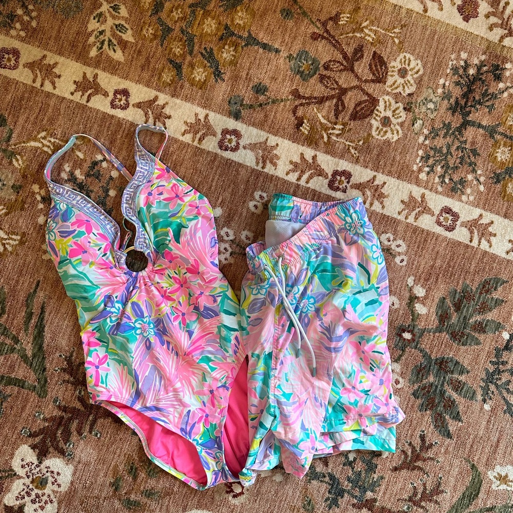 Lilly Pulitzer Pink Multicolor Tropical One-Piece with Matching Cover Shorts
